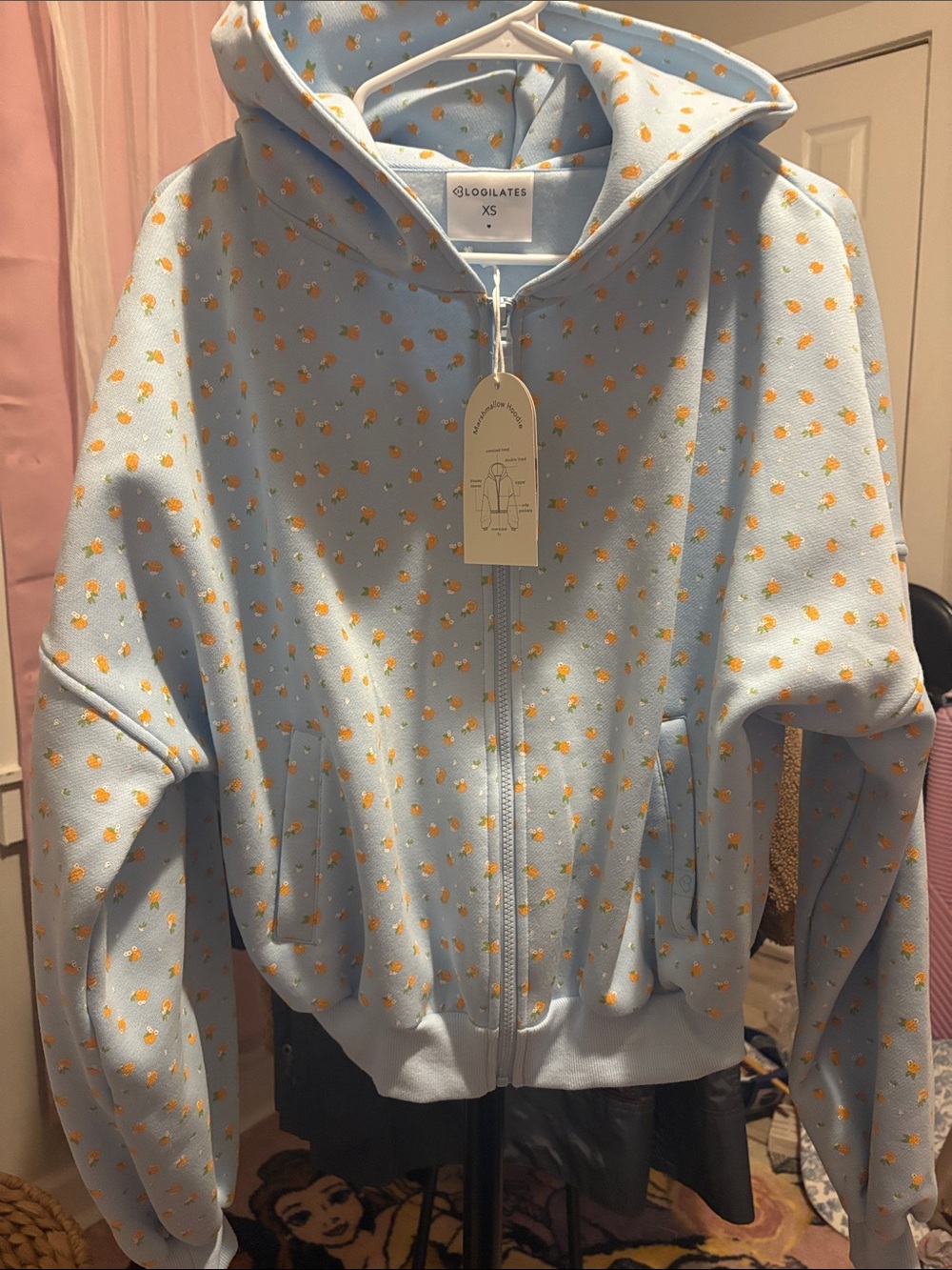 Girls' Light Blue Zip Hoodie with Orange Pineapple Print